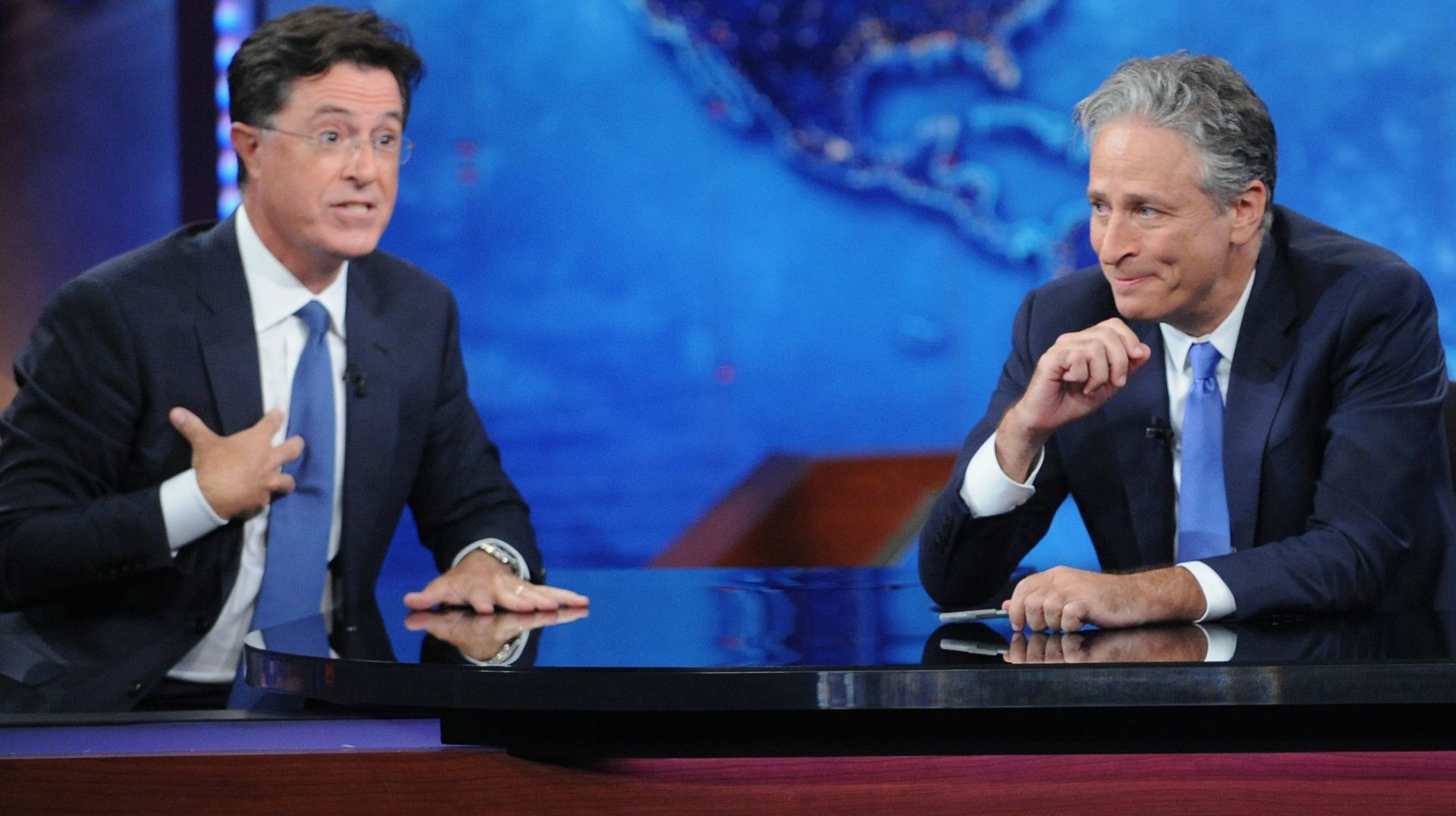 Jon Stewart and Stephen Colbert at the last episode of The Daily Show with Jon Stewart