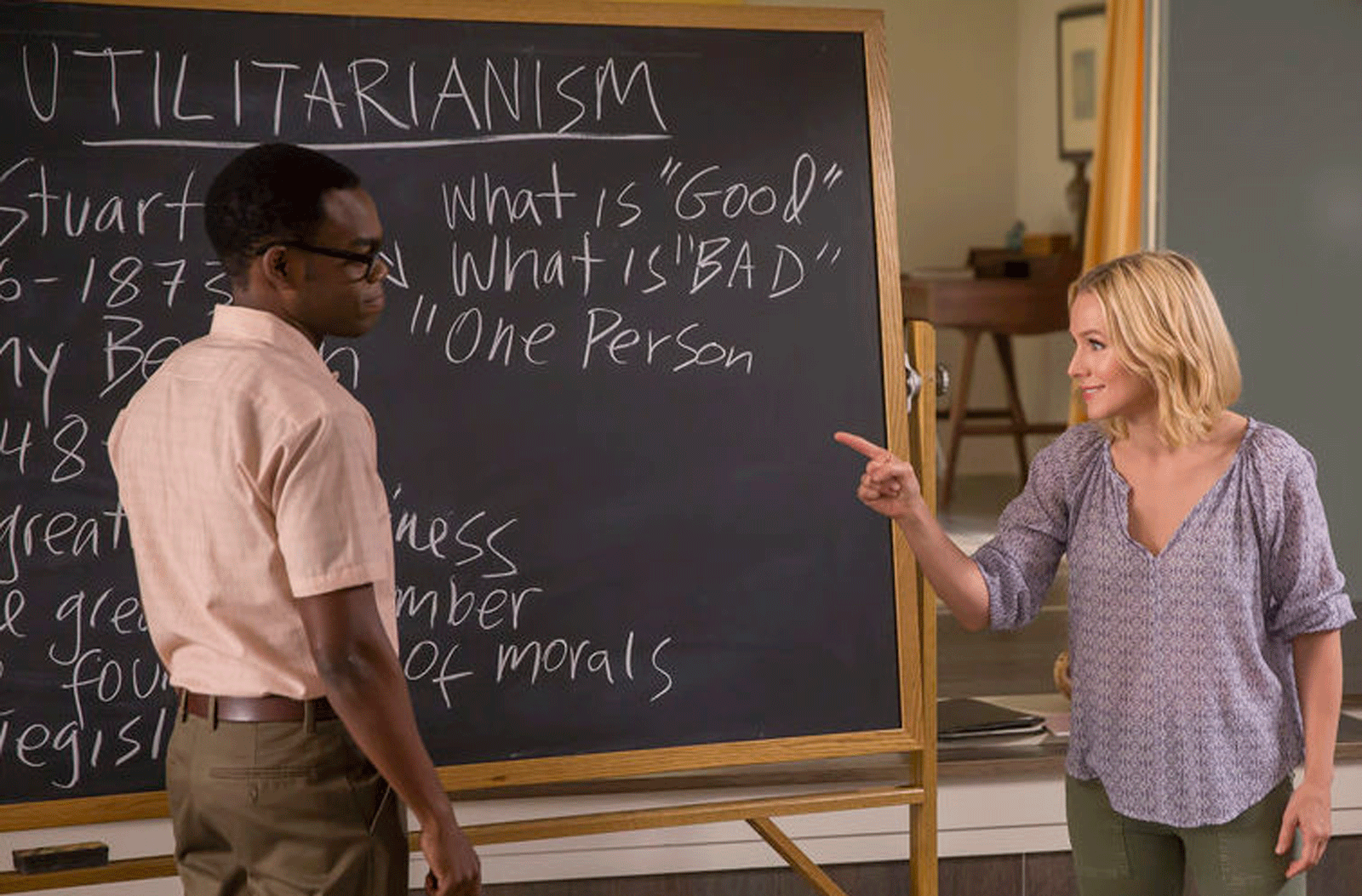 From left to right: Chidi and Eleanor talking about Utilitarianism.