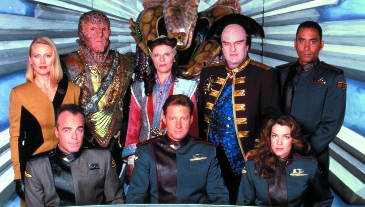 Babylon 5, the space station, stands out from the darkness of space.