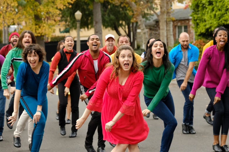 Rebecca Bunch, main character of Crazy Ex-Girlfriend, dances with others taking daily anti-depressants.