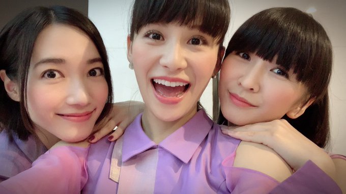 The three members of Perfume, from left to right: Nocchi, A-Chan, and Kashiyuka.