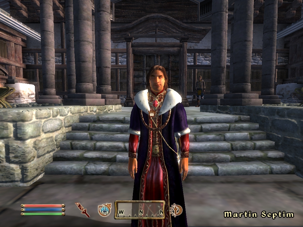 Martin Septim stands outside of Cloud Ruler Temple.