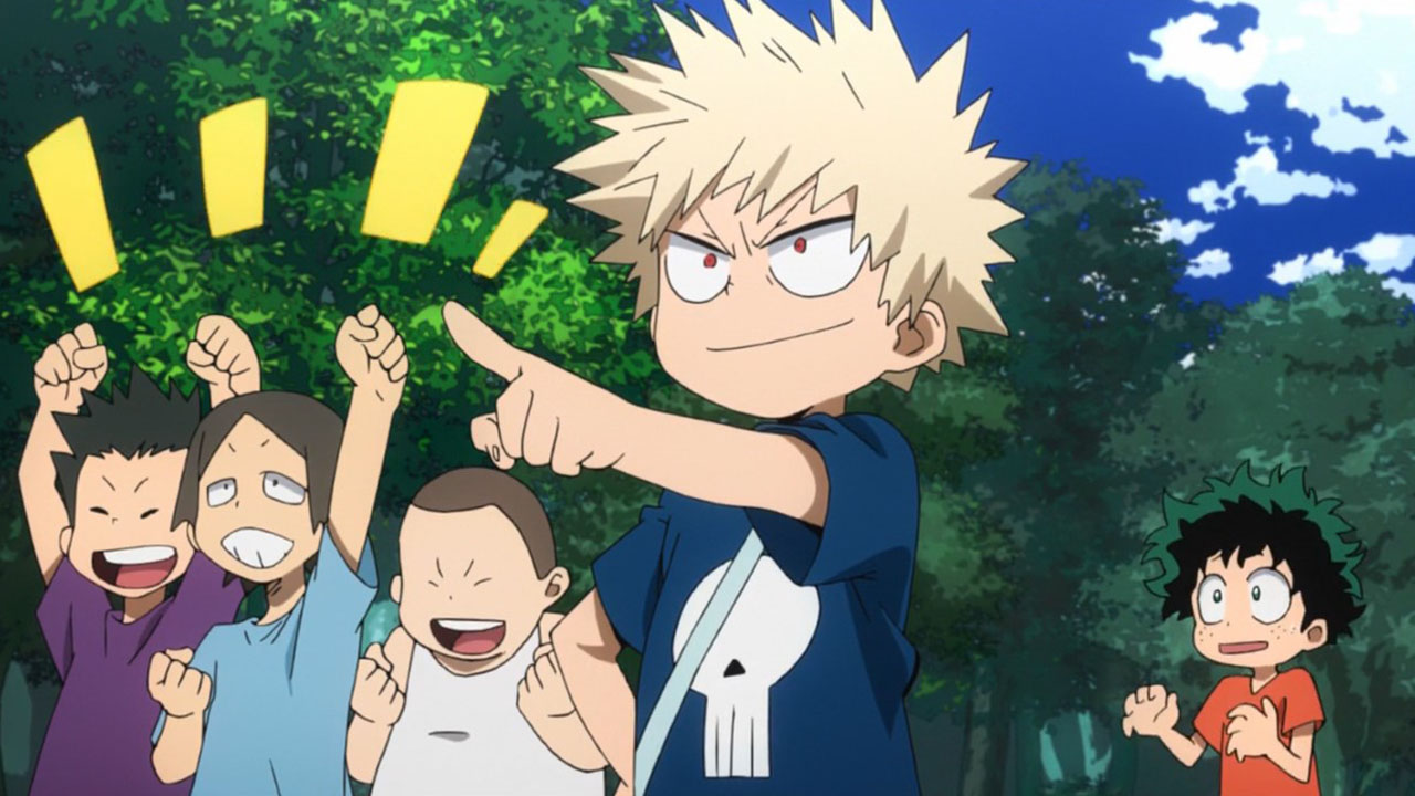 Bakugo pointing at something while a few friends cheer him on and with Midoriya standing back.