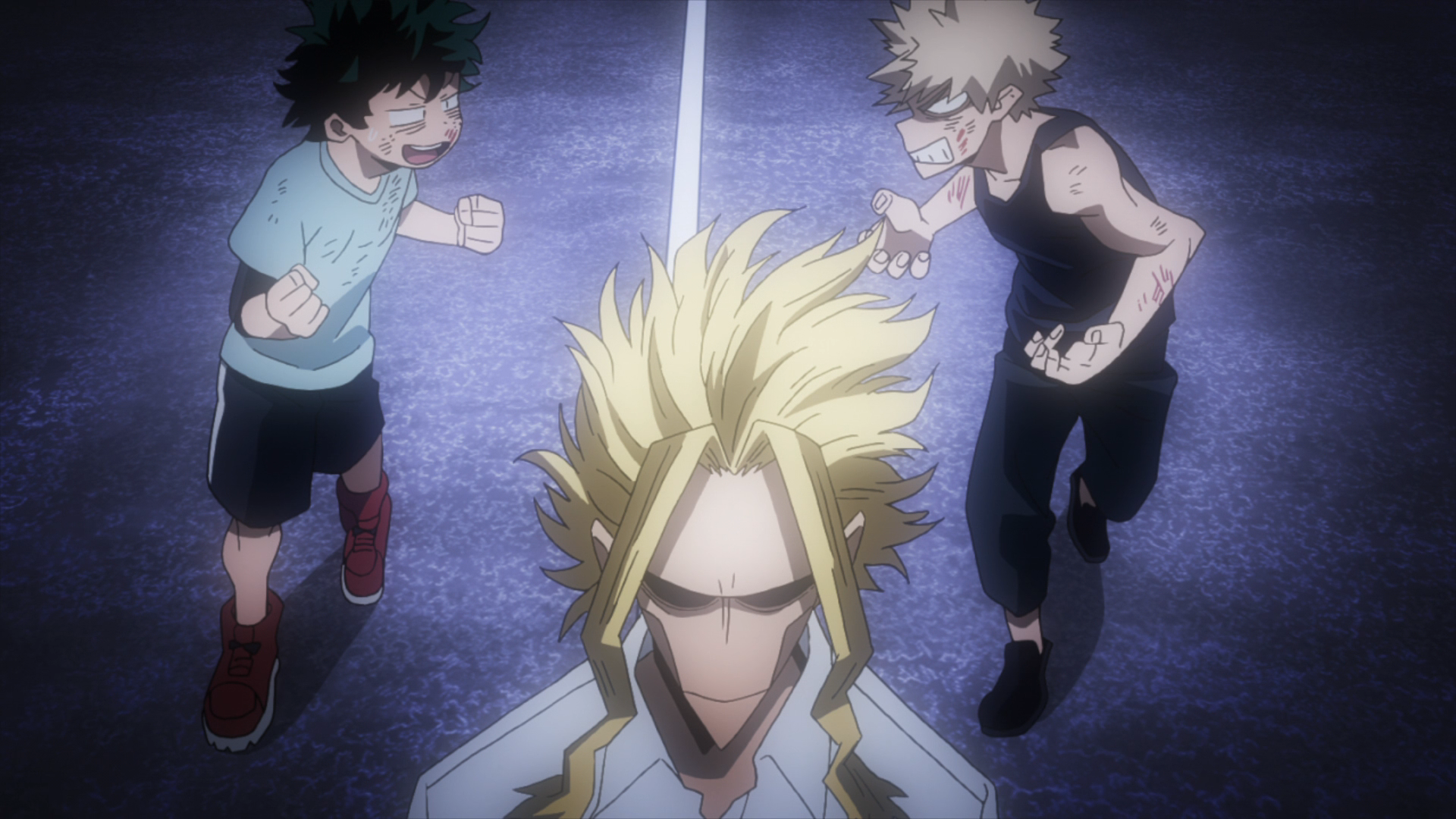 Midoriya and Bakugo exchange menacing glares as they walk in the middle of the street behind All-Might.