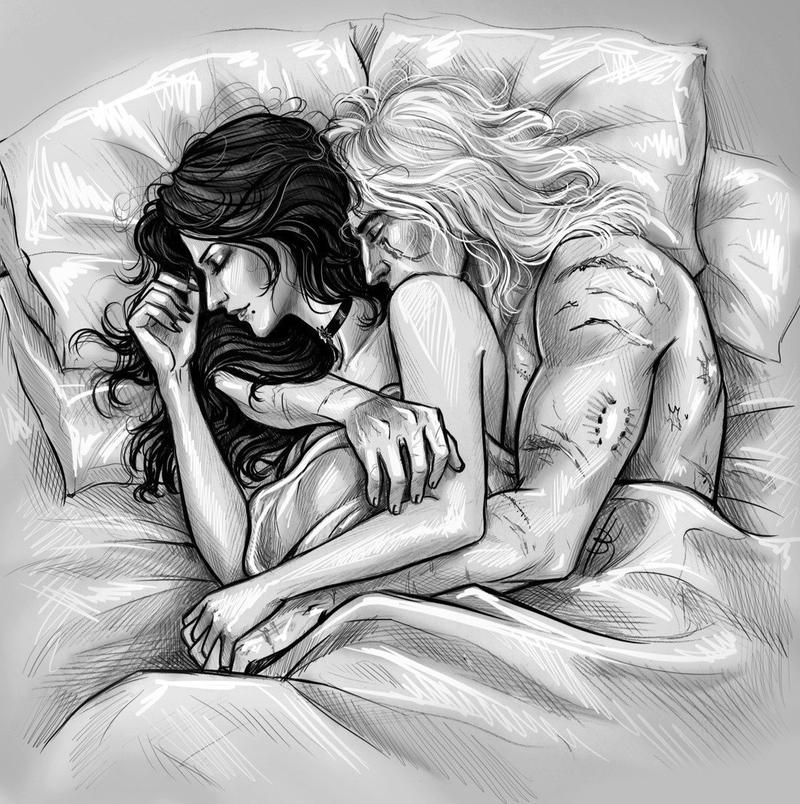 Yennefer and Geralt snuggle together as they sleep
