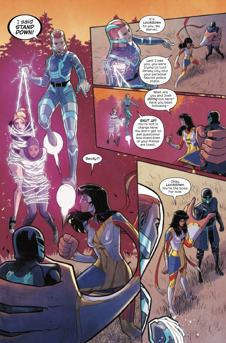 The Magnificent Ms Marvel #8: Page 1, Kamala surrenders to save her friends.