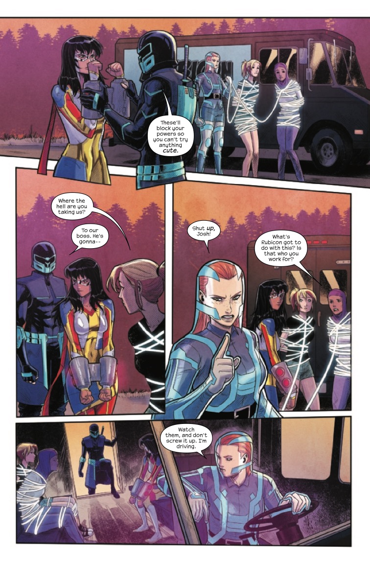 The Magnificent Ms Marvel #8: Page 2, With her friends still hostages, Discord and Lockdown inhibit Kamala's powers.