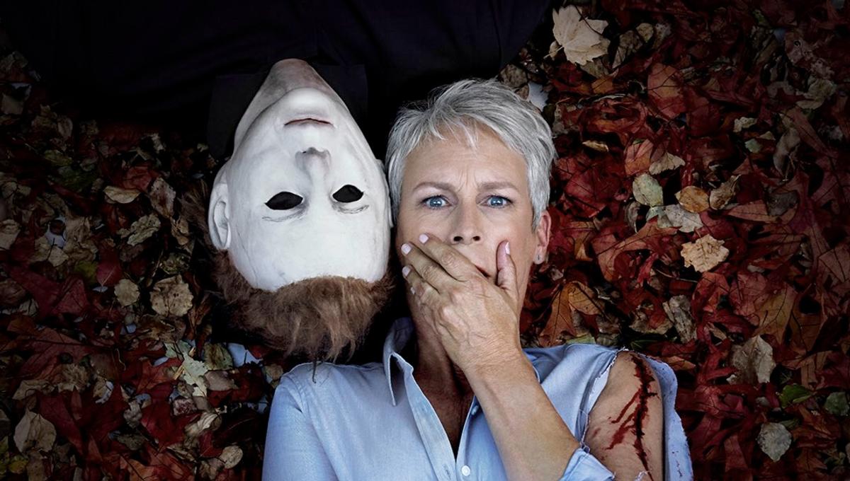 Jamie Lee Curtis and Michael Myers in a Halloween promotion.