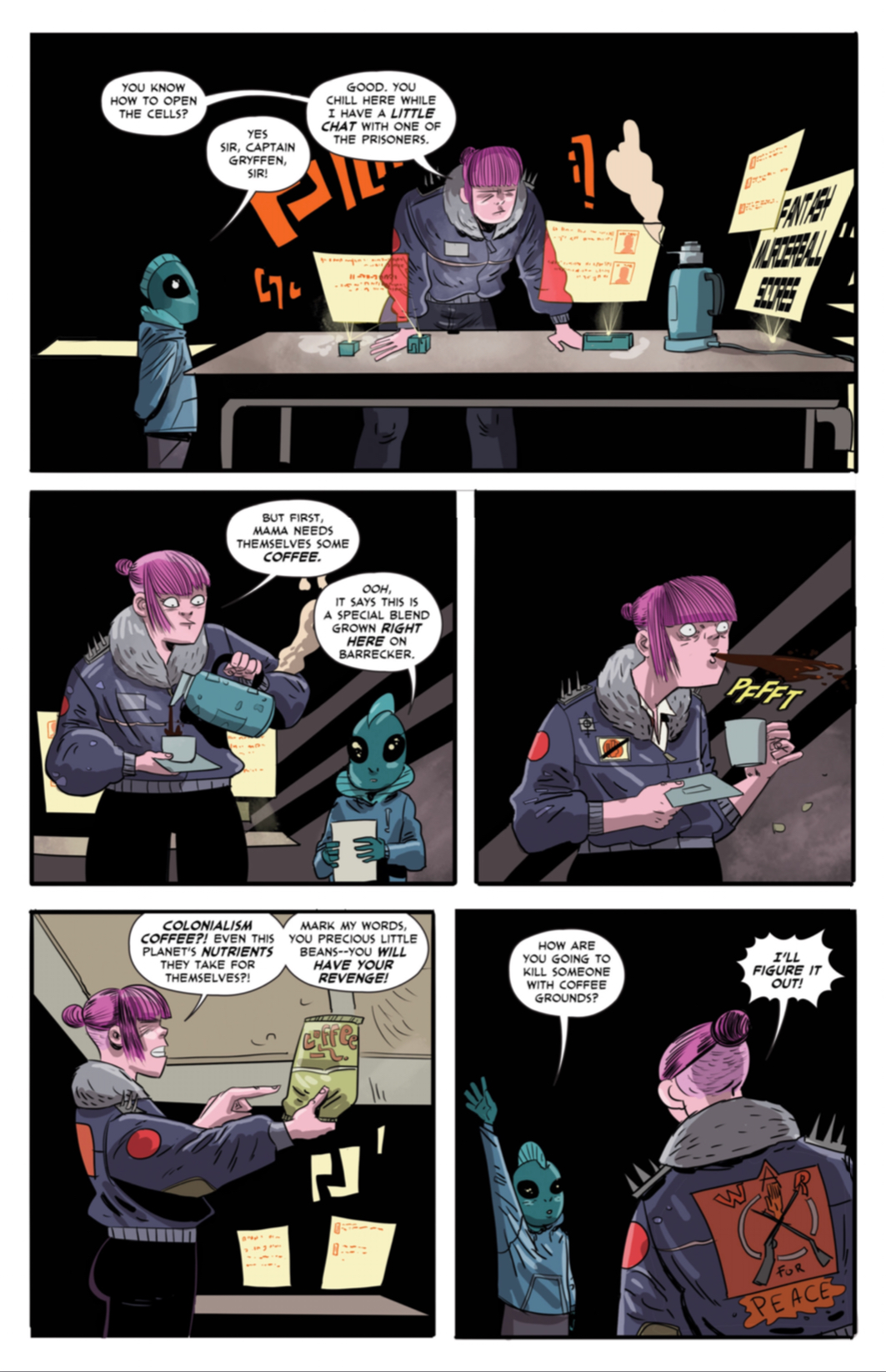 Gryffen: Galaxy’s Most Wanted #8; page three: Gryffen gets a taste of colonialist coffee.