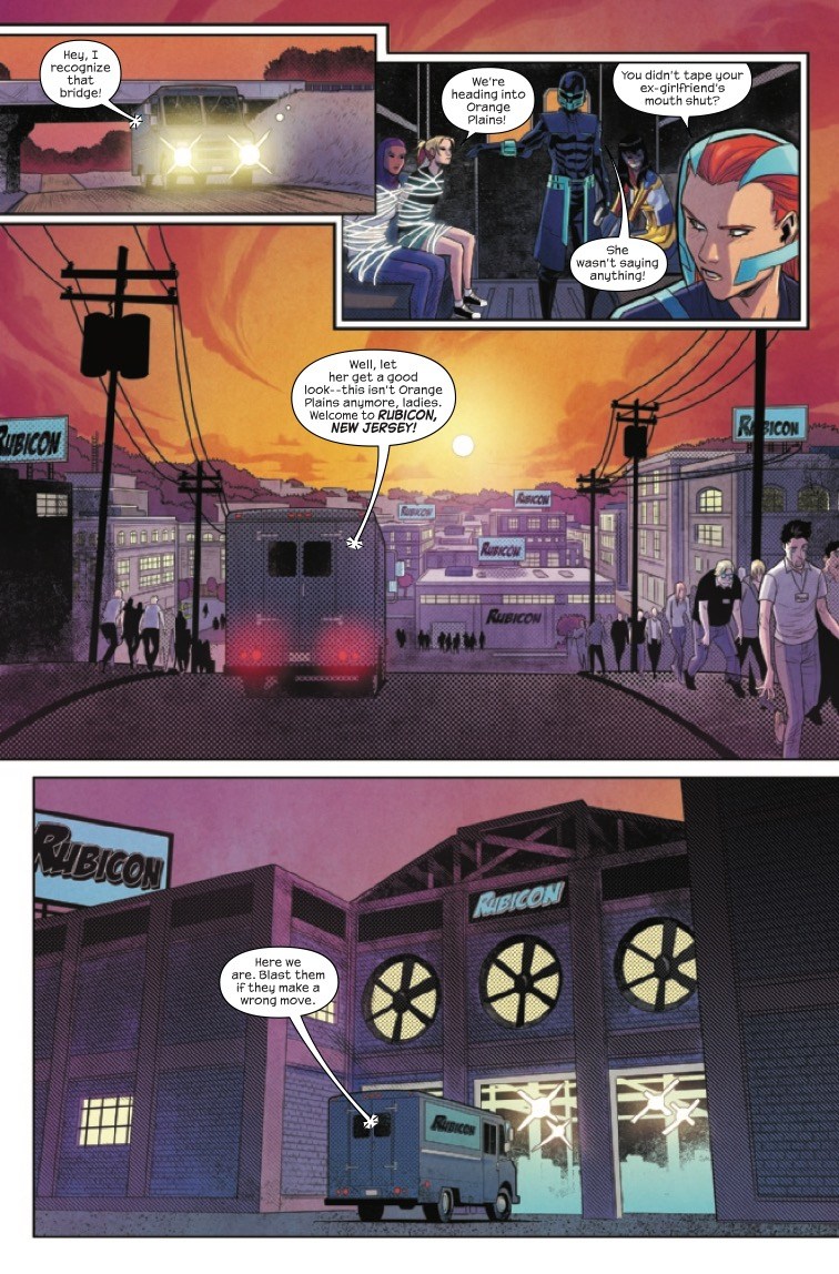 The Magnificent Ms Marvel #8: Page 4, The group drives through Rubicon, NJ which is crawling with zombies.