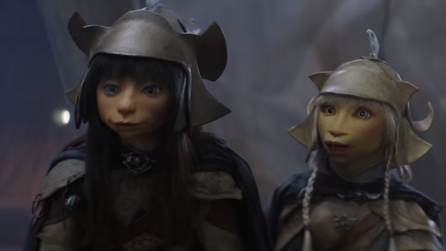 Gelflings Rian and Mira at the Castle of the Crystal in their guard uniforms.