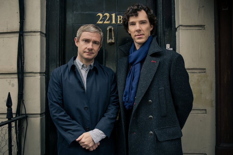 Friendships: Sherlock and John outside 221b Baker Street -- Arthur Conan Doyle's classic friendship.