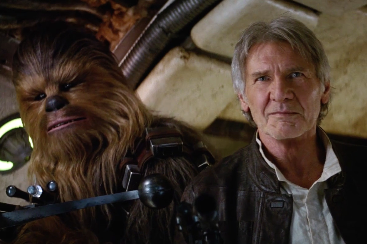 Chewbacca and Han Solo flying the Millenium Falcon.