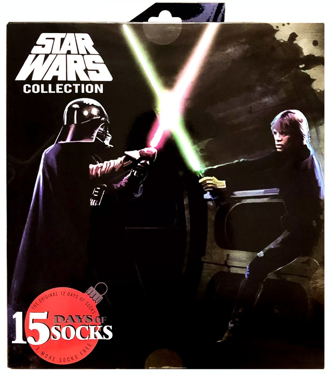 Darth Vader and Luke Skywalker fighting on a cover of a box of socks.