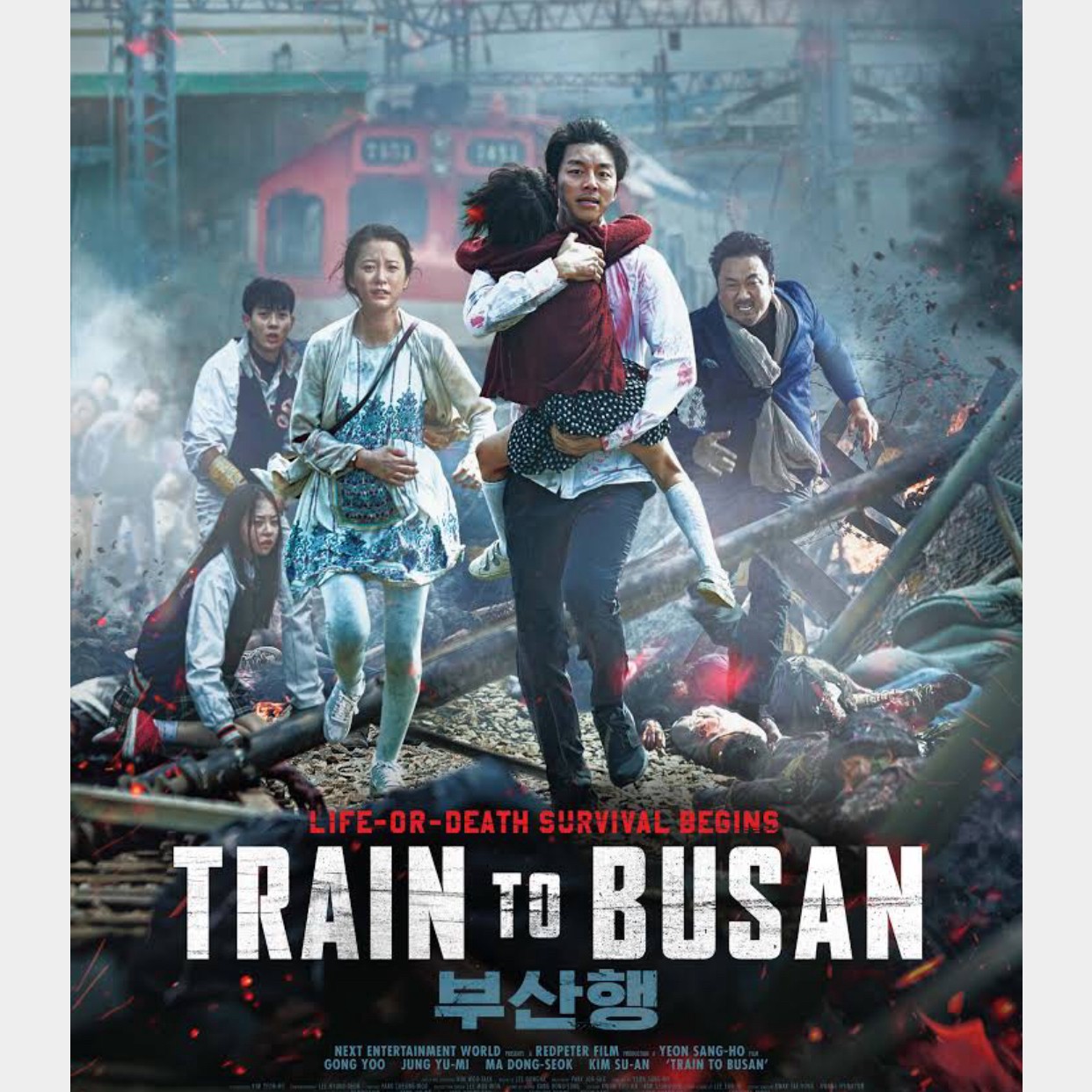 In the Korean film poster for "Train to Busan," Seok Woo, embracing Su An, and other passengers run away from Busan Station that is rampant with zombies.