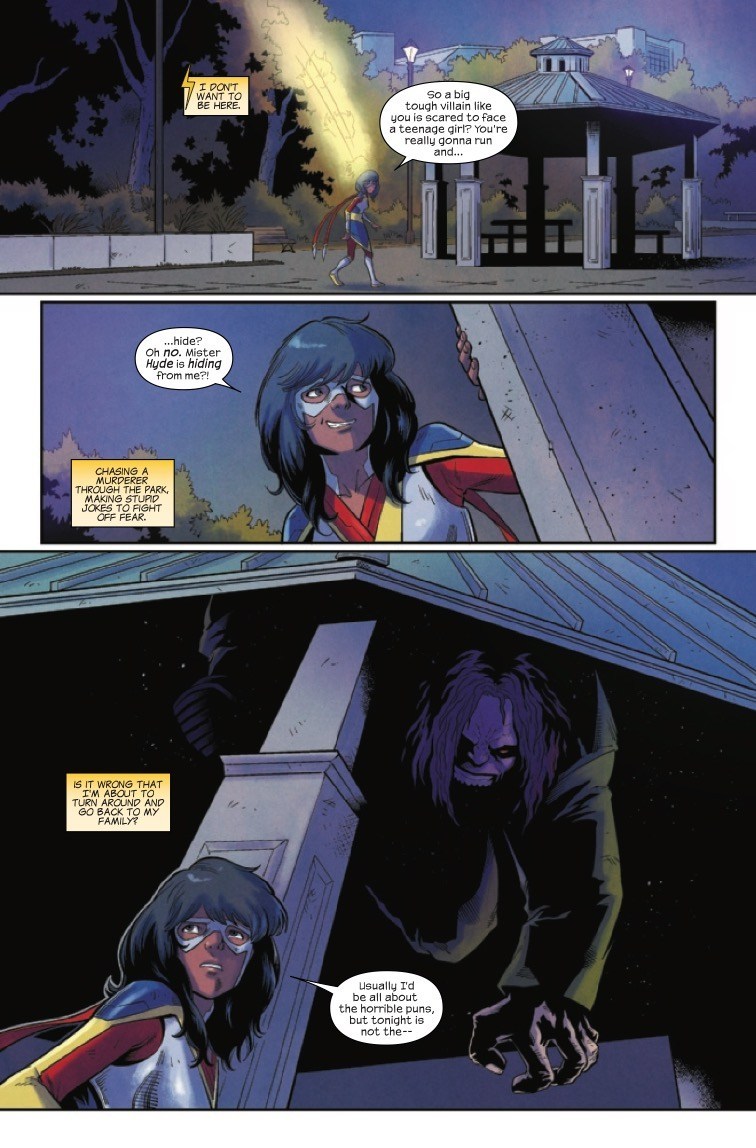 The Magnificent Ms Marvel #10: Page 5, Kamala searches for Hyde who is hiding under a gazebo.