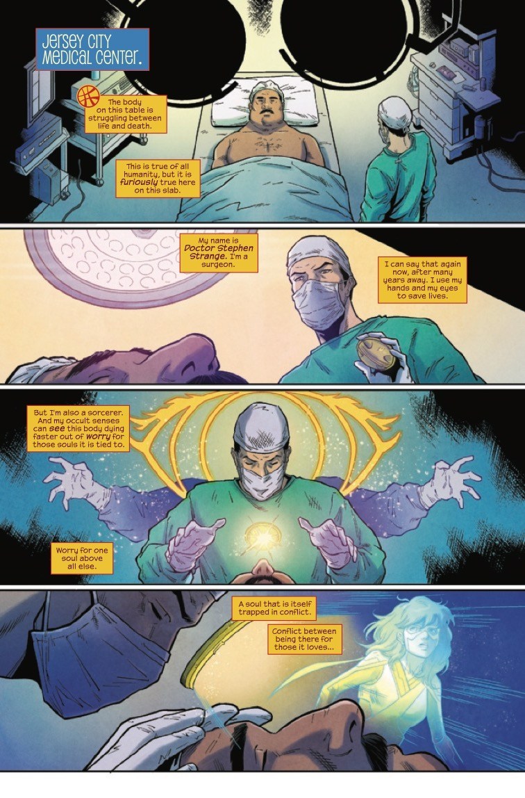 The Magnificent Ms Marvel #10: Page 3, Doctor Strange begins mystical surgery on Yusuf Khan.