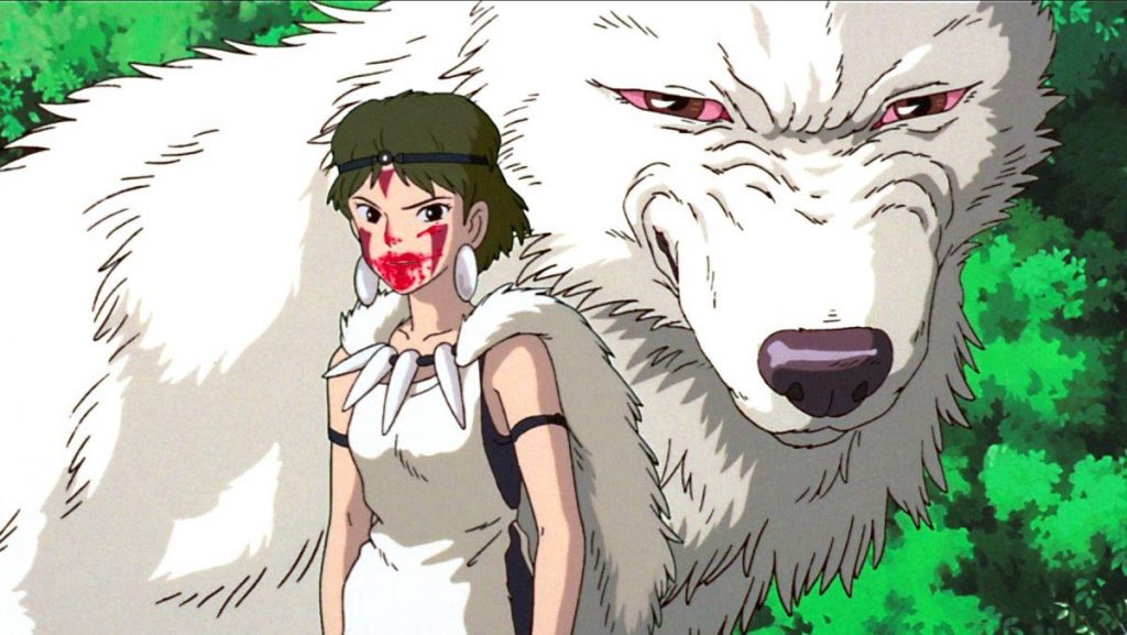 Princess Mononoke with blood on her face and Moro, the goddess of wolves behind her. Both with the same motivation, to protect the forest.