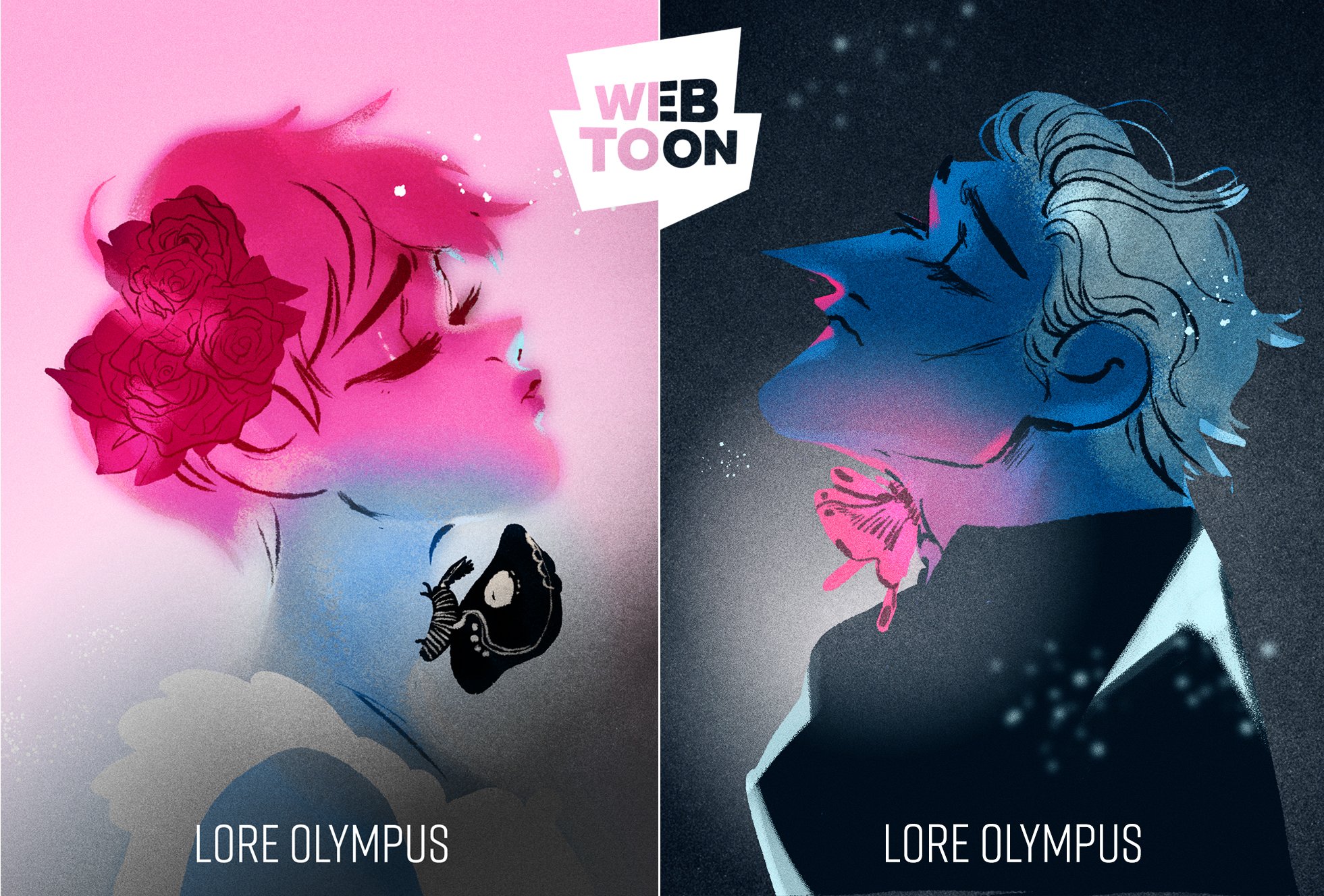 Persephone one side and Hades on the other. Representing the Lore Olympus Webtoon