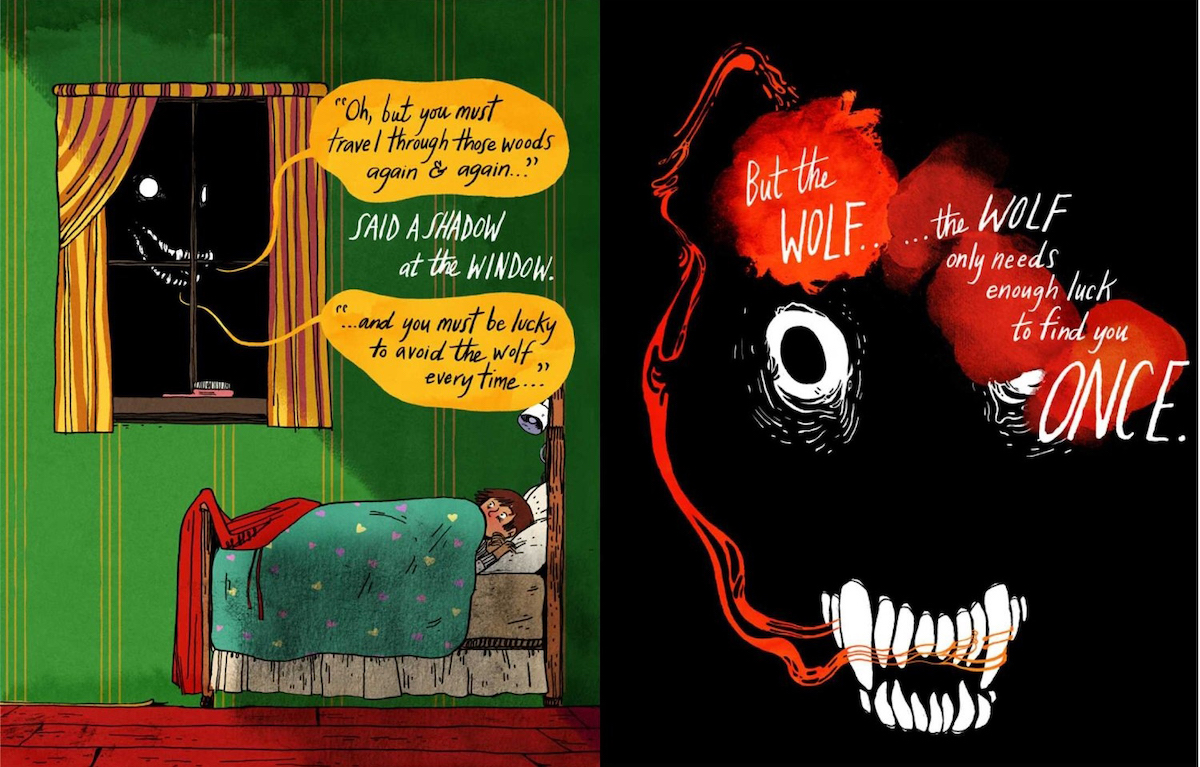 Two page spread of Through The Woods, with Little Red Riding Hood in bed while the wolf outside her window warns her about having to keep avoiding danger.