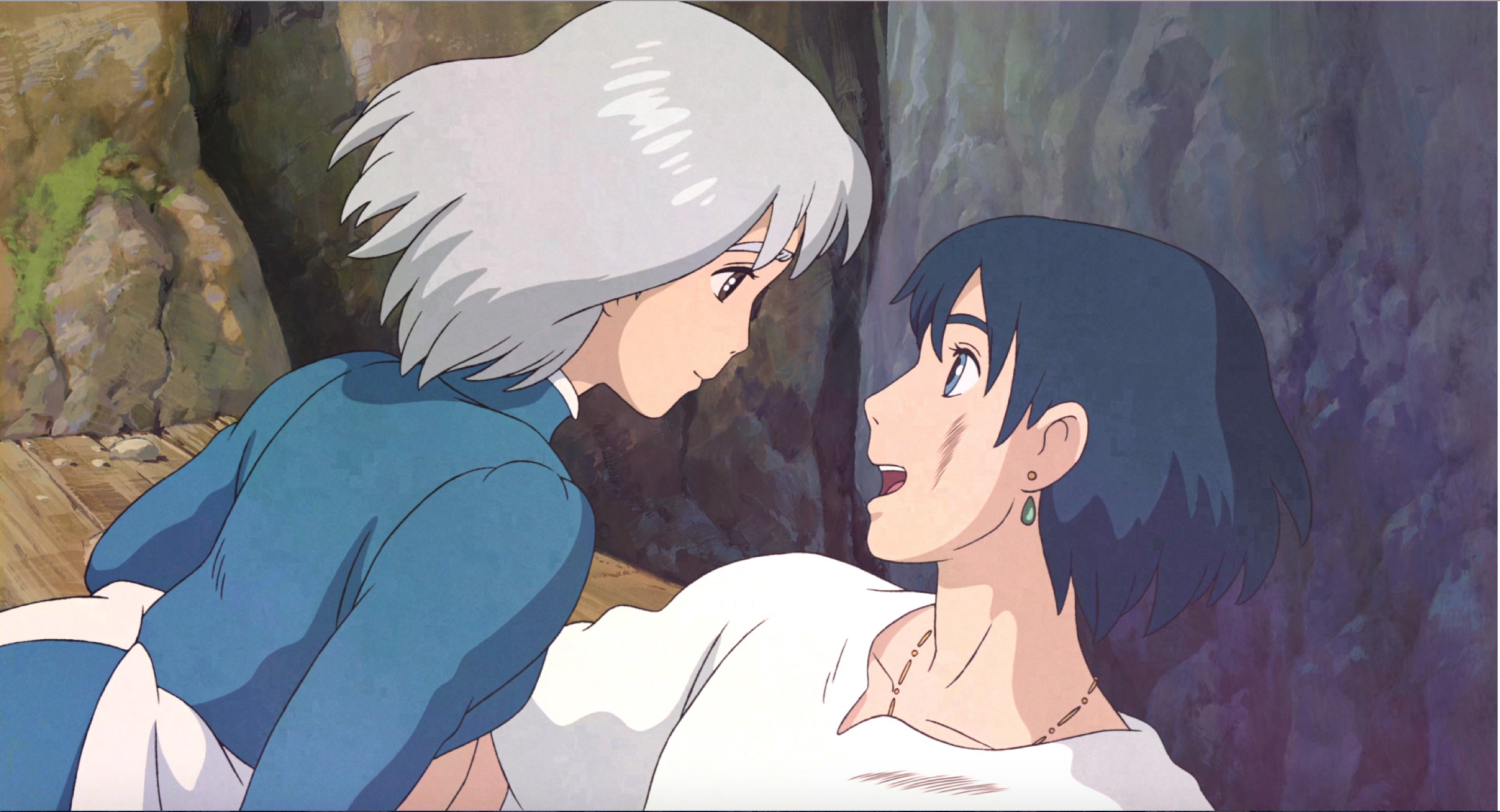 Sophie, with her new short hair, and Howl exchange words.