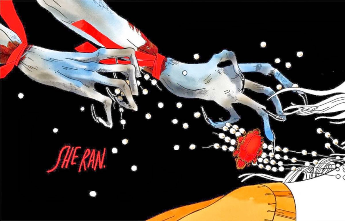 Panel from Through The Woods. Two hands with ribbons around bloody wrists are clawing at a woman's necklace.