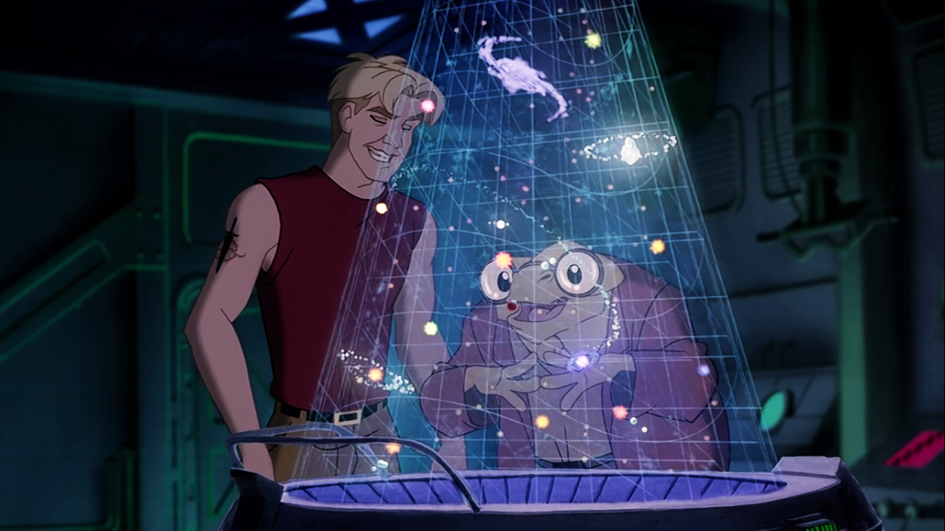 Cale and Gune looking at the map that holds the key to saving humanity.