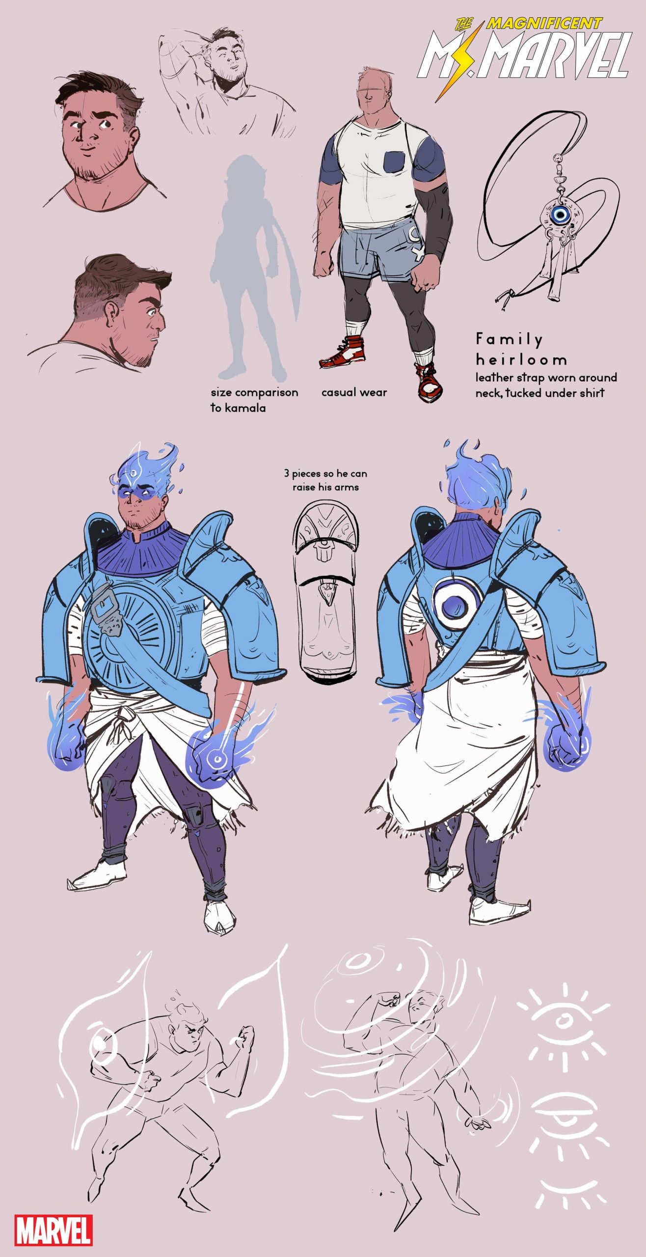 Amulet's character design features blue and purple armor with a nazar on his chest and flaming blue hair.