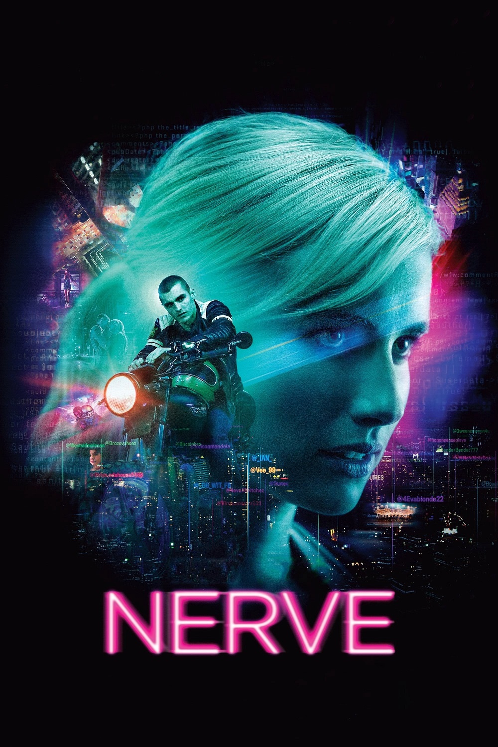 The second main character of the YA novel Nerve, Ian, sits on his motorcycle partially obscuring a hologram-type portrait of Vee.