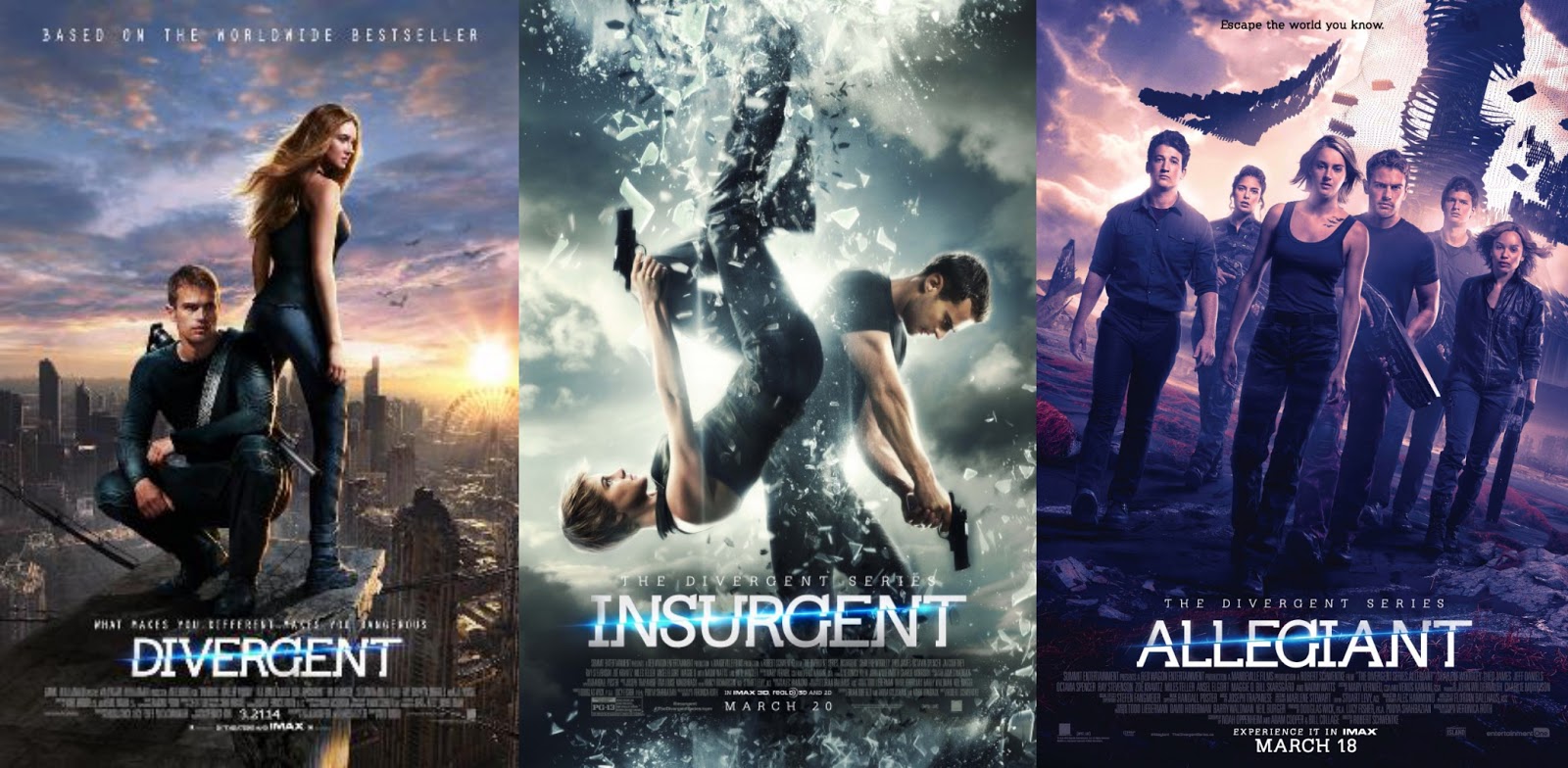 The three theatrical movie adaptation posters side-by-side showing the main characters on a ledge overlooking the city, falling back-to-back, and advancing with their allies.