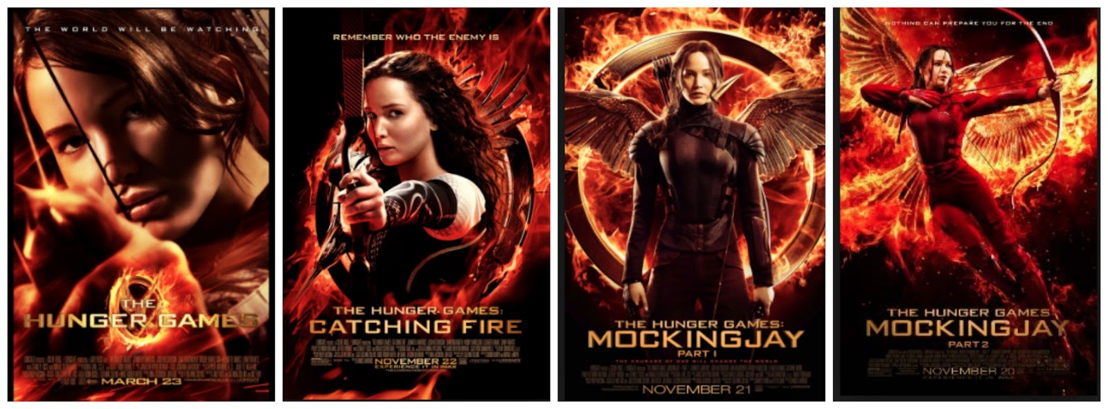 The four theatrical movie adaptation posters side-by-side each depicting the protagonist holding a bow and arrow while surrounded by fire.