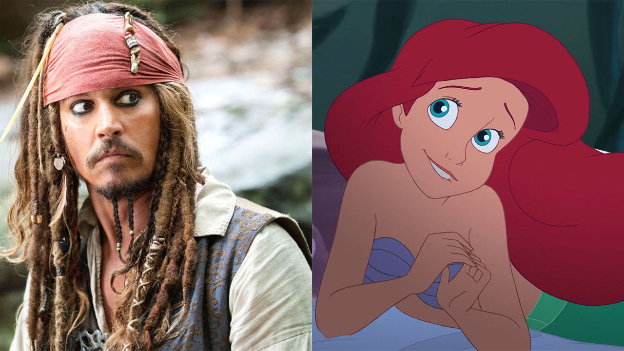 Split photo of Jack Sparrow and Ariel as a Disney couple