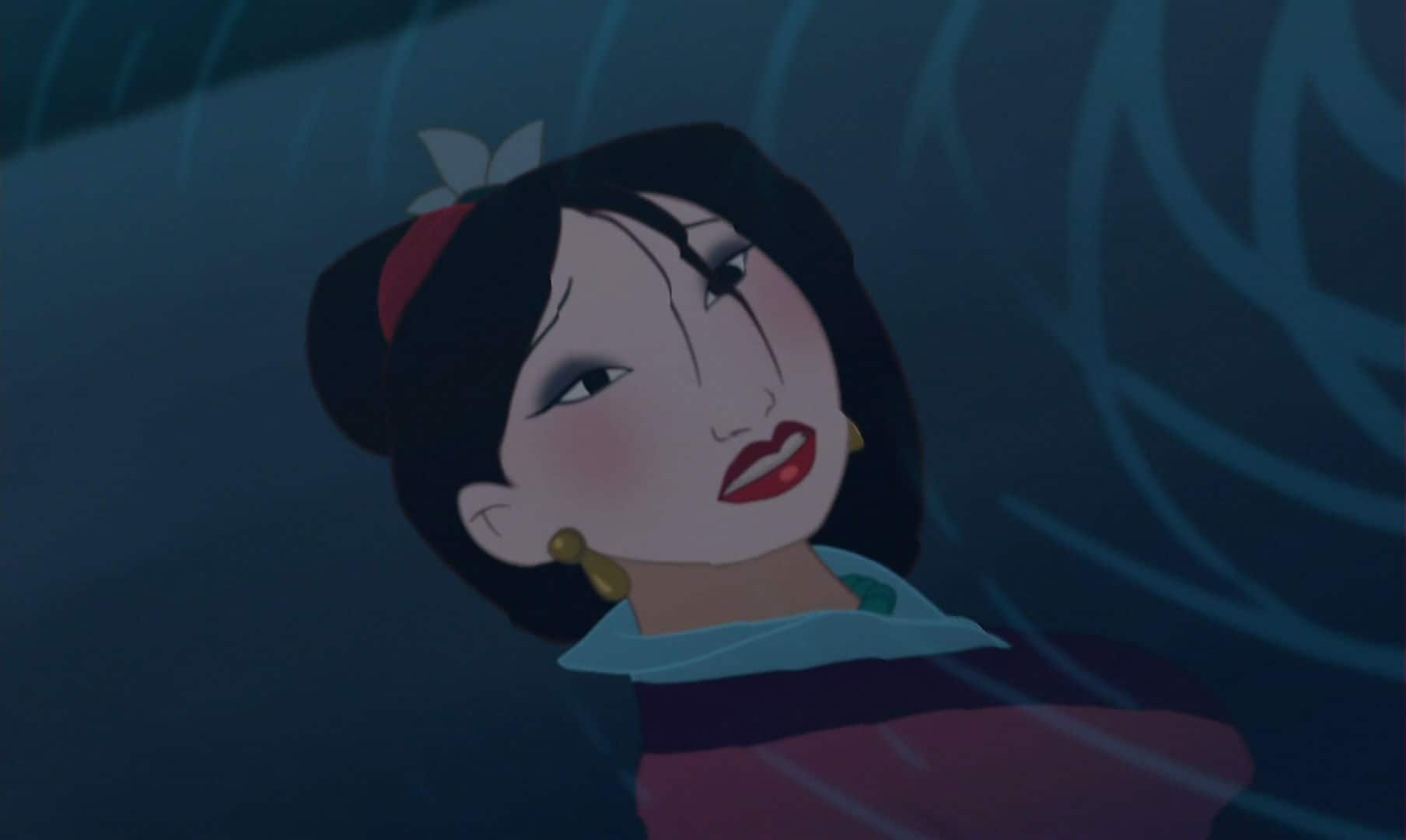 Mulan looks at her painted reflection in the water.