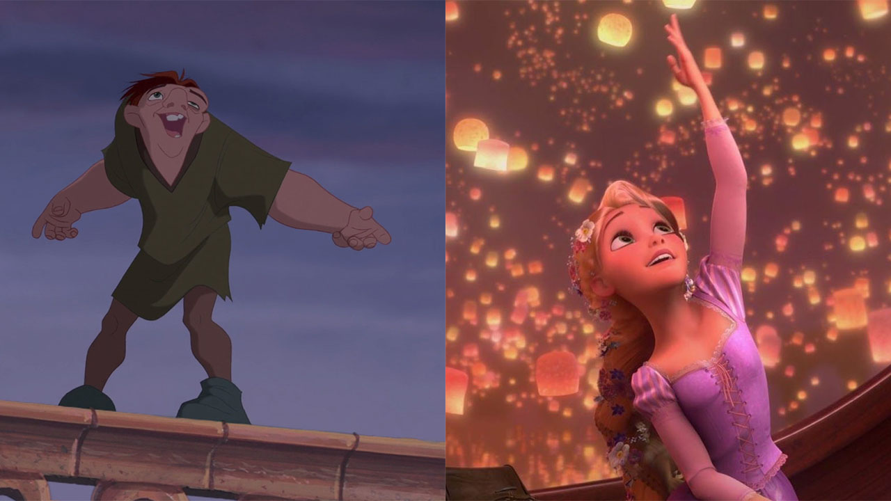 Split photo of Quasimodo and Rapunzel as a fan-made Disney couple