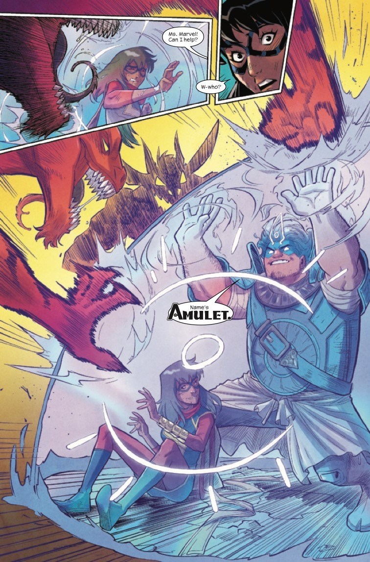 The Magnificent Ms Marvel #13: Page 14, Amulet conjures a shield to protect him and Kamala from the demons.