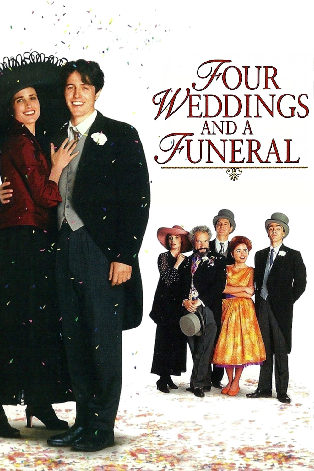 The two main characters stand side-by-side in the forefront with the supporting cast in the back.