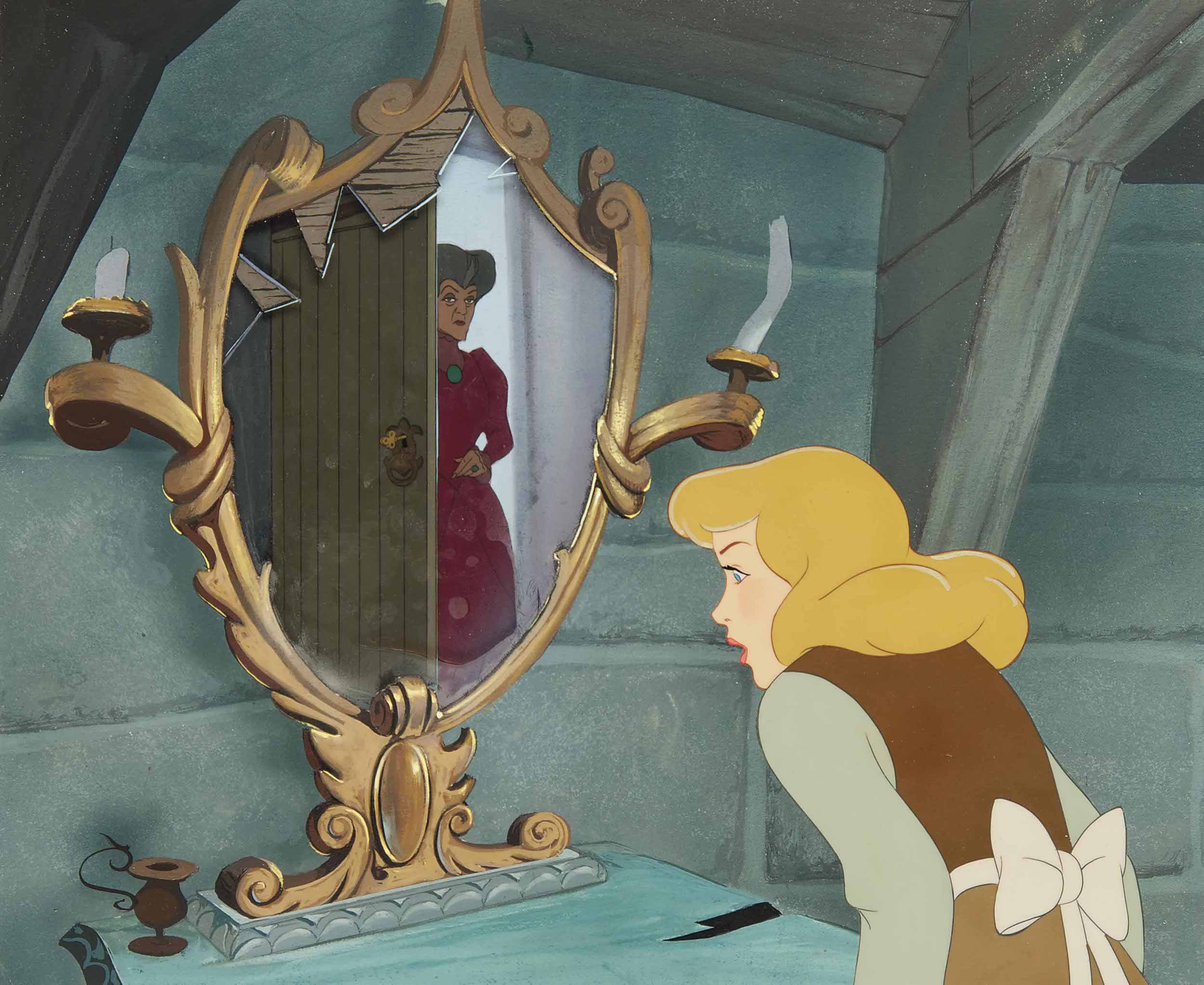 Cinderella looking into a mirror and seeing her stepmother in the reflection.