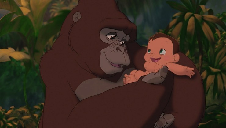 An animated ape named Kala embraces the human baby, Tarzan, adopting him as her son in the African jungle.