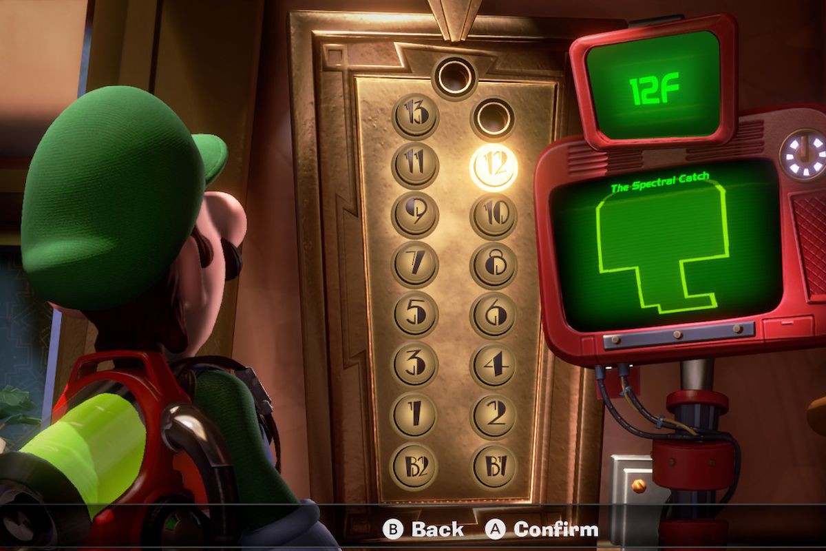 Luigi in the elevator of the Last Resort Hotel in Luigi's Mansion 3 (2019)