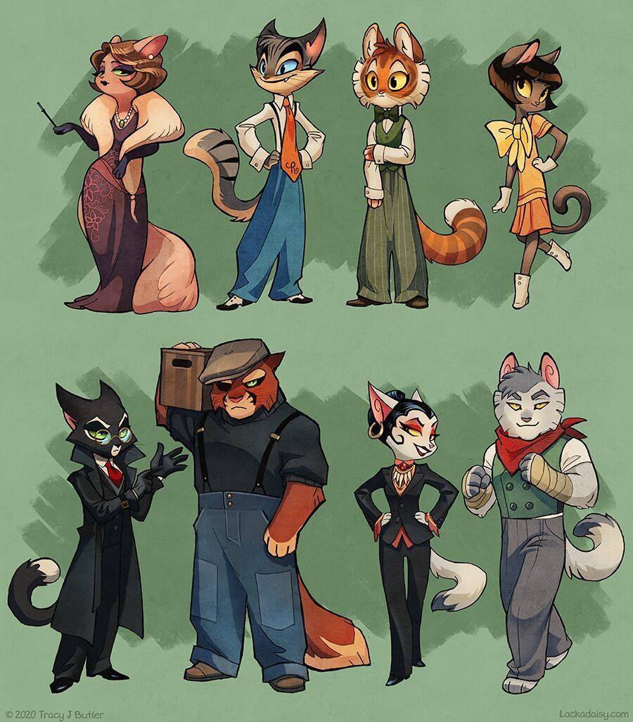 A line up of eight of the main Lackadaisy characters.  The style is a little more cartoony and streamlined. 