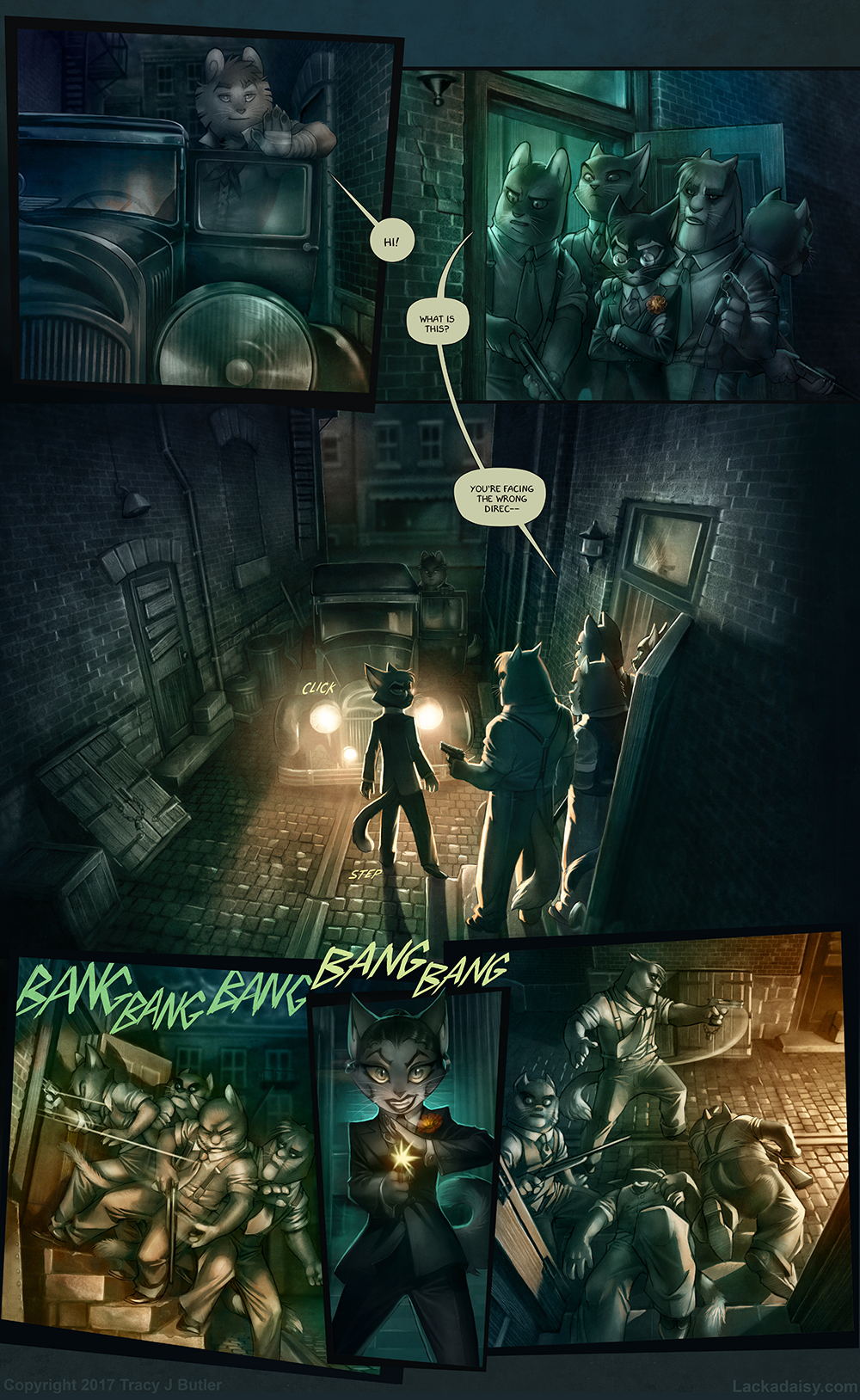 Page "Ambuscade" of Lackadaisy, where Mordecai leads a group out into an alley way.  They are trapped by Nico in a car, then shot at by Serafine.