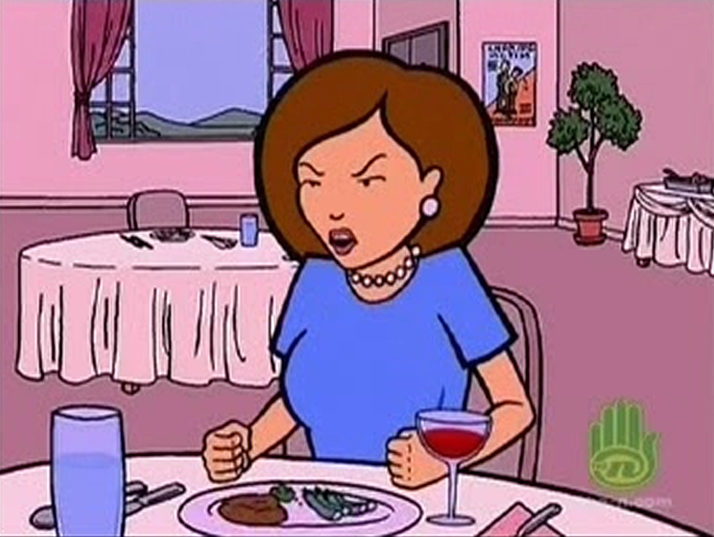 Helen Morgendorffer angrily slams her fists onto the clothed table with a plate and glass in front of her.