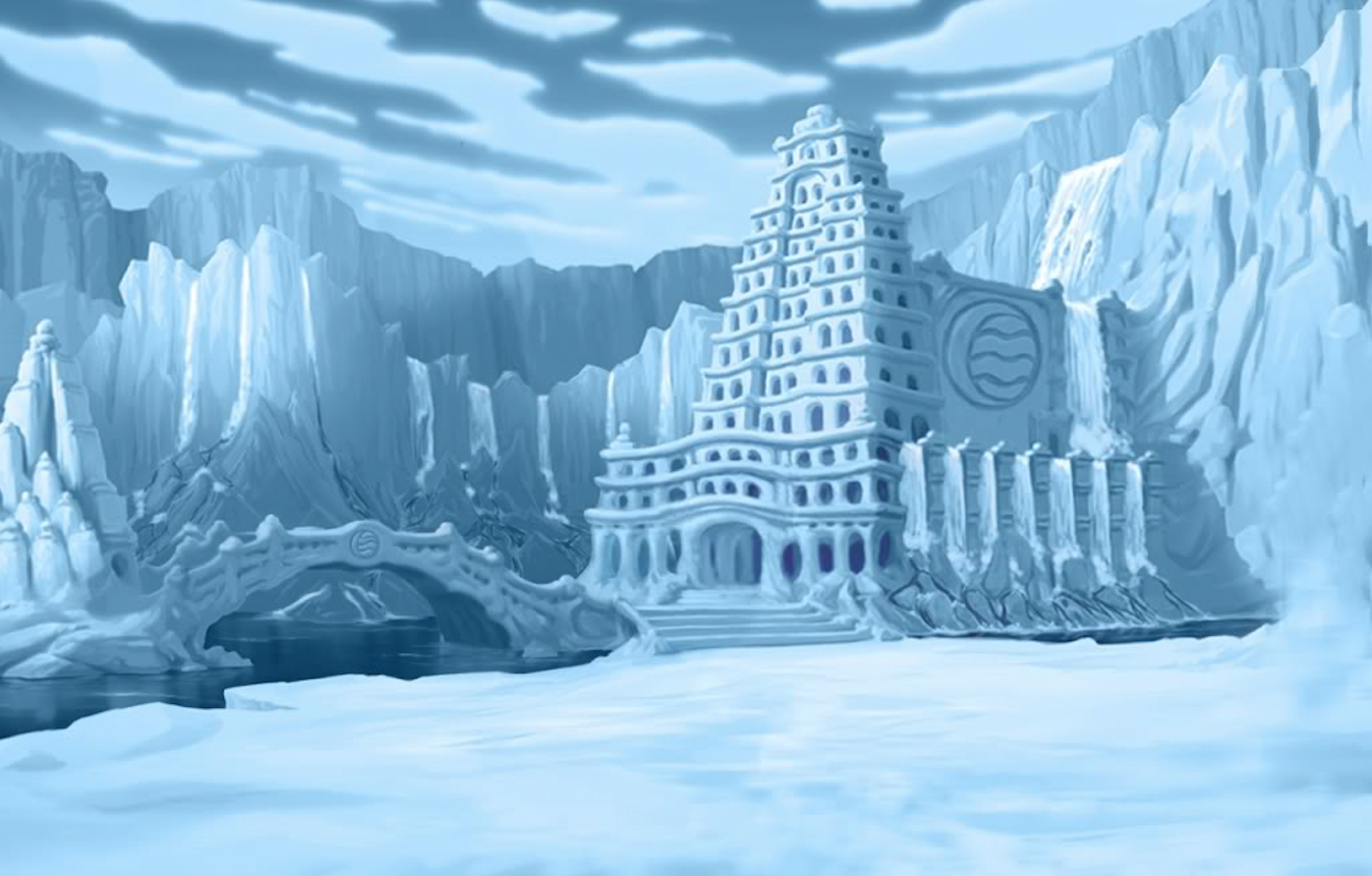 Architecture of the Northern Water Tribe; a tall ice palace