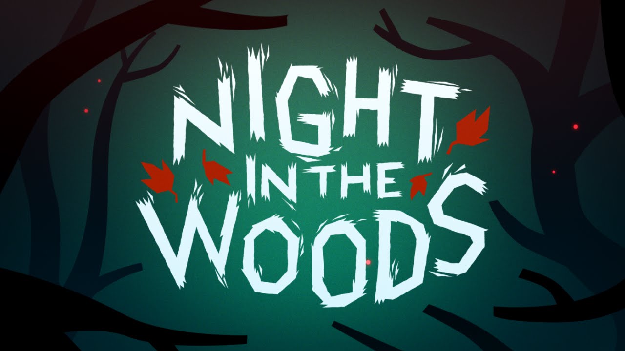 Logo for Night in the Woods, surrounded by silhouettes of trees. 