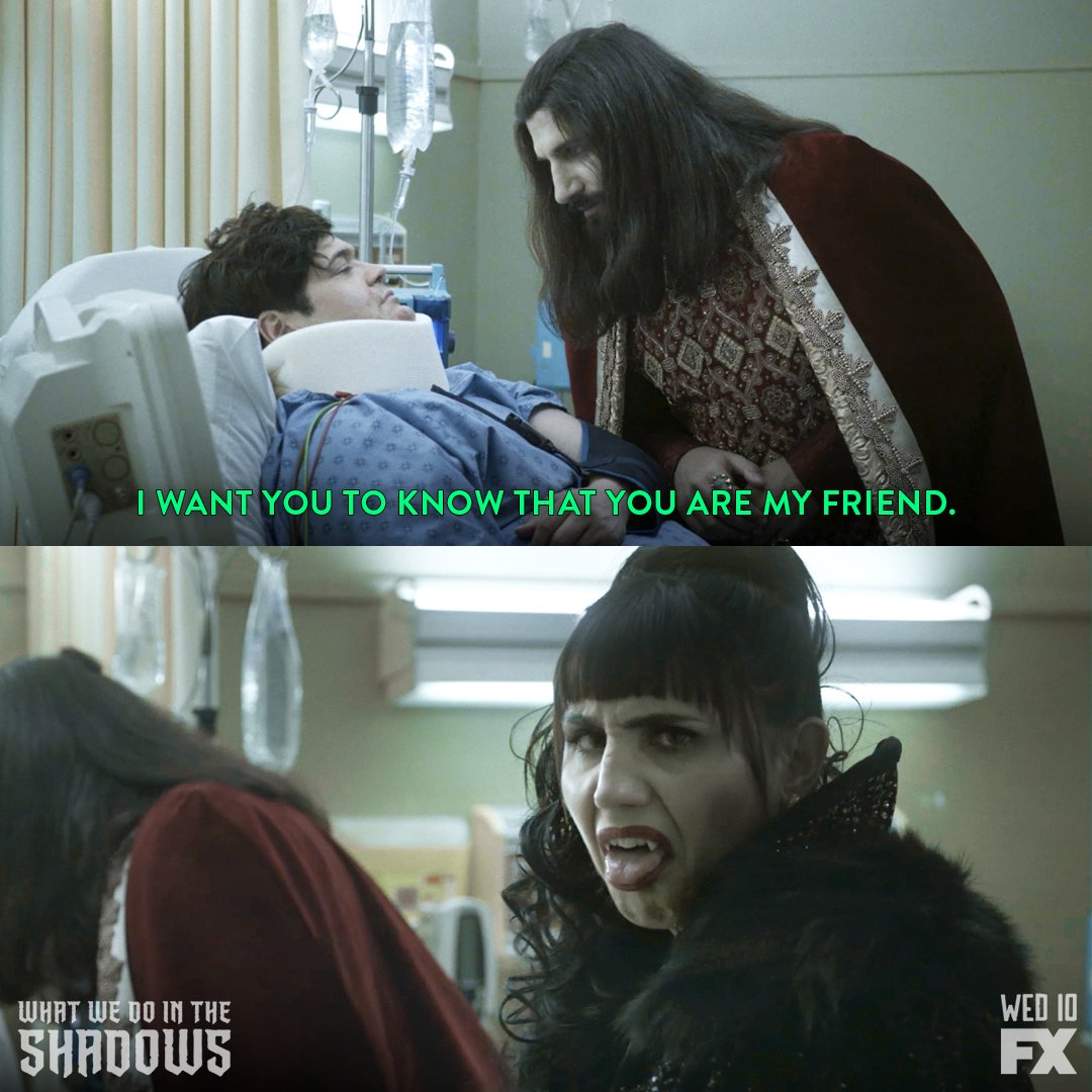 Promotional image of FX's What We Do In The Shadows. Guillermo, injured in a hospital, is receiving some kind words from Nandor. The second image is Nadja also in the room, facing the camera and making a disgusted face.