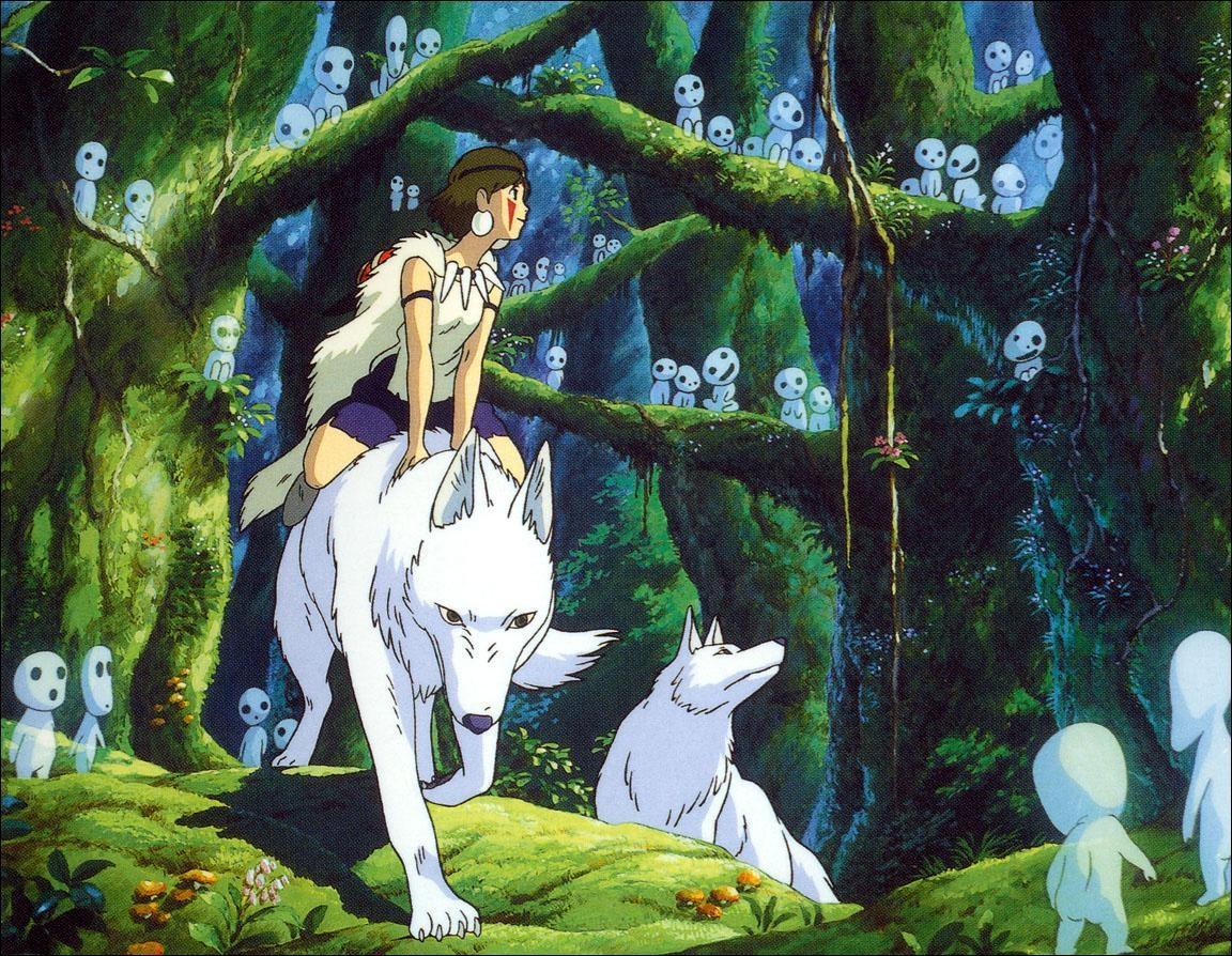 Hayao Miyazaki: San, who was taken in as a child by the wolf spirit Moro, rides a wolf through the forest.