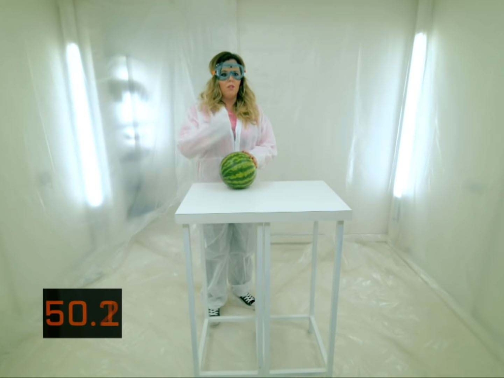 Comedian Roisin Conaty participating in the watermelon task of episode one of the panel show Taskmaster. 