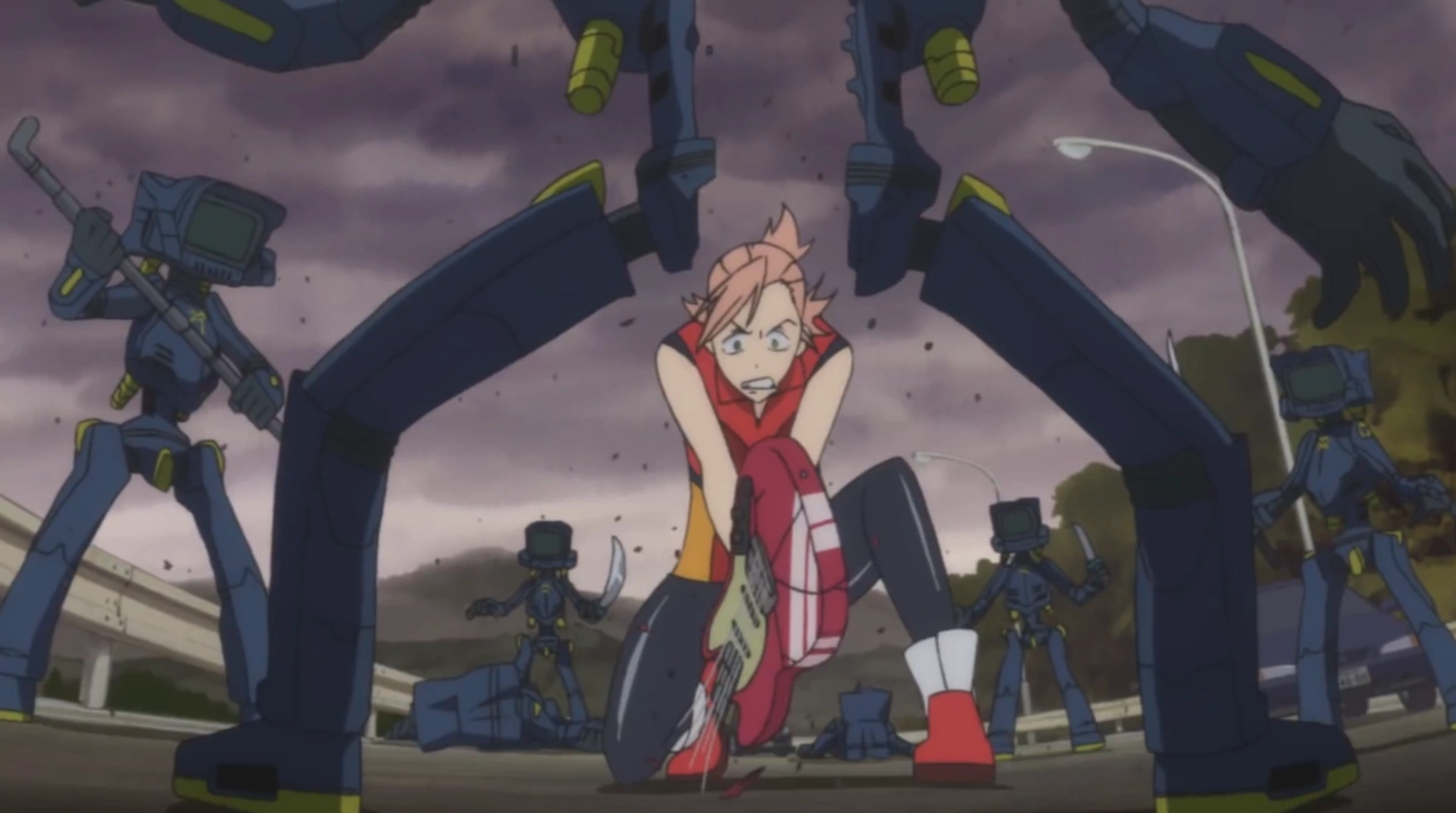 FLCL Alternative, Episode 6: Haruko fights with numerous robotos created by Medical Mechanica.