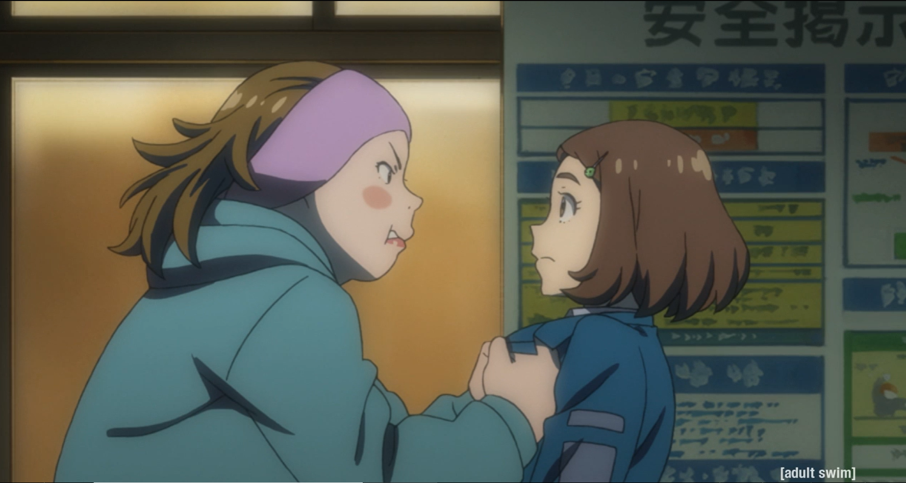 FLCL Alternative, Episode 2: Mossan confronts Kana for working her shift without her permission. 