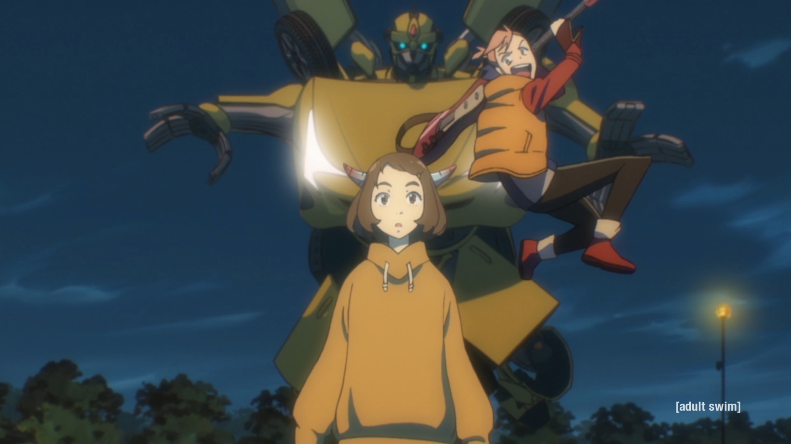 FLCL Alternative, Episode 2: Haruko and Kana work together to defeat the robot that grew from Toshio's car. 